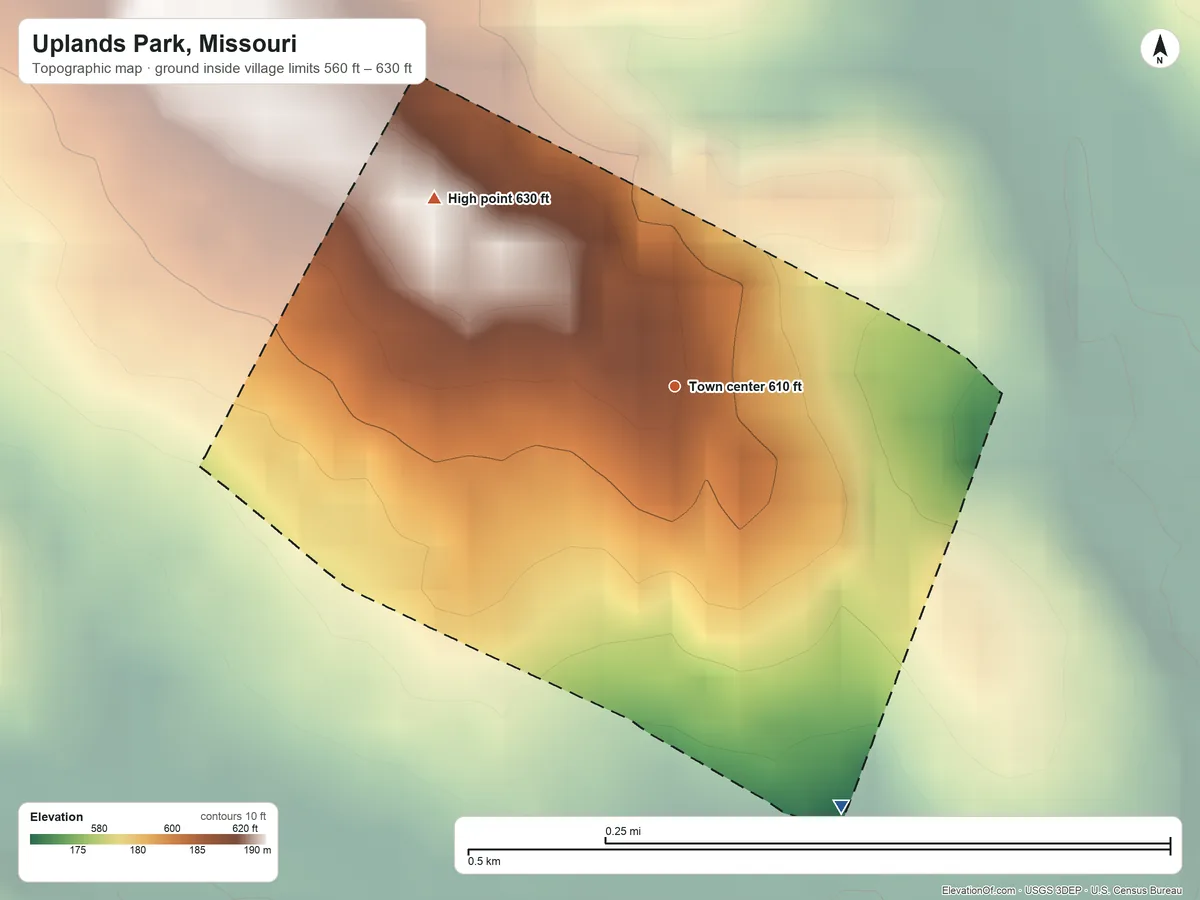 Topographic elevation map of Uplands Park, Missouri, shaded from 560 ft on the south side to 630 ft on the northwest side