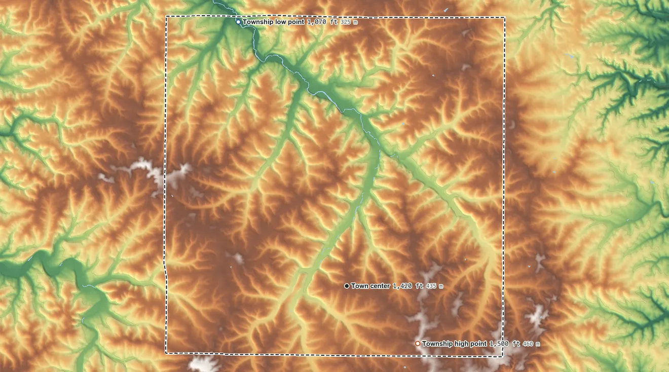 Topographic elevation map of Upton Township, Missouri, shaded from 1,070 ft on the north side to 1,500 ft on the southeast side