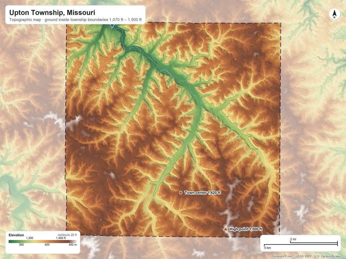 Topographic elevation map of Upton Township, Missouri, shaded from 1,070 ft on the north side to 1,500 ft on the southeast side