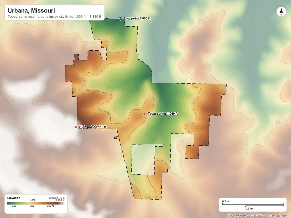 Topographic elevation map of Urbana, Missouri, shaded from 1,000 ft on the north side to 1,110 ft on the west side
