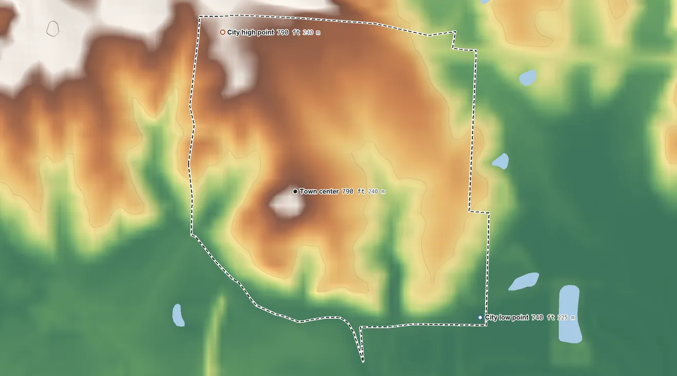Topographic elevation map of Urich, Missouri, shaded from 740 ft on the southeast side to 790 ft on the northwest side