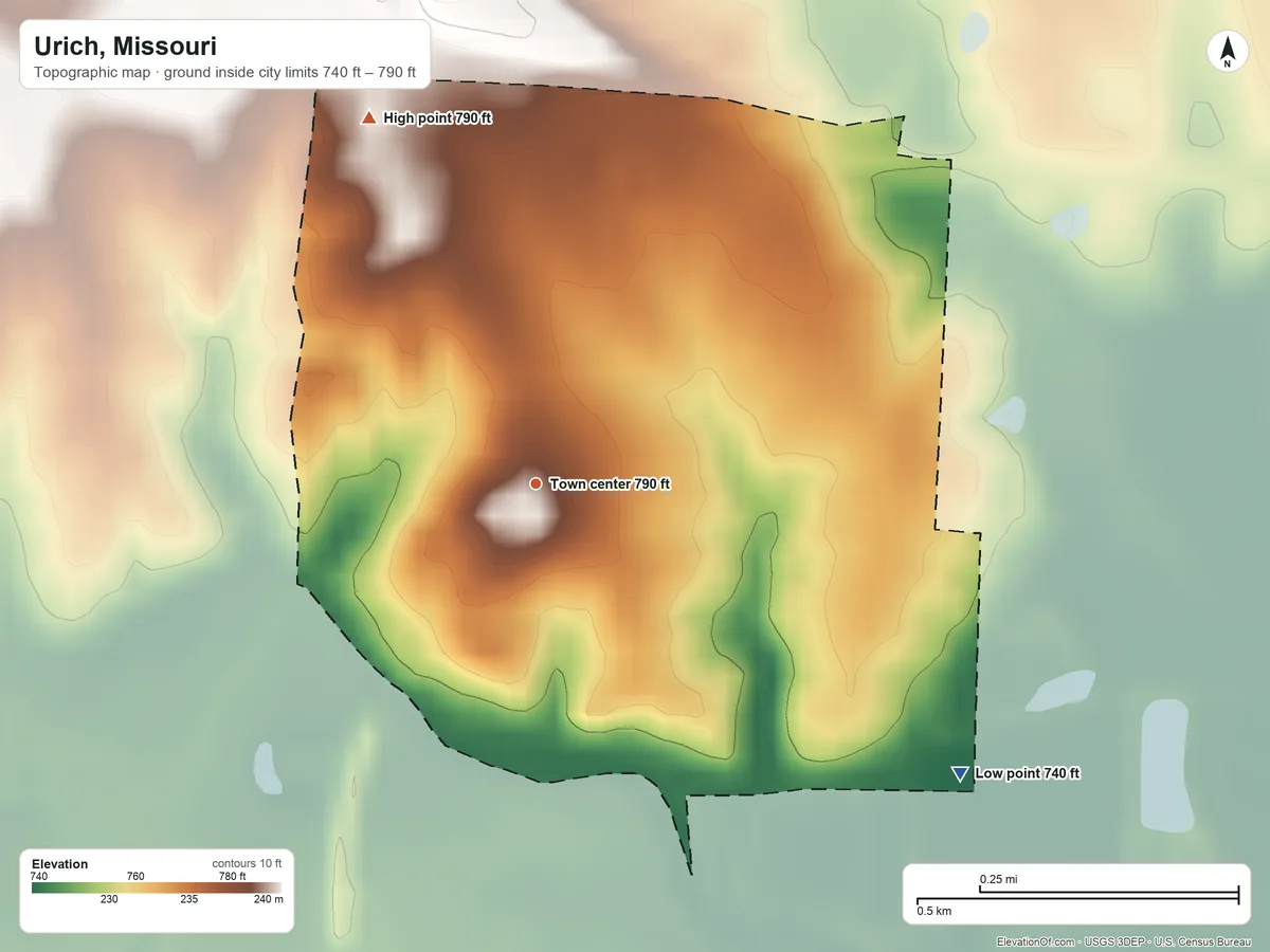 Topographic elevation map of Urich, Missouri, shaded from 740 ft on the southeast side to 790 ft on the northwest side