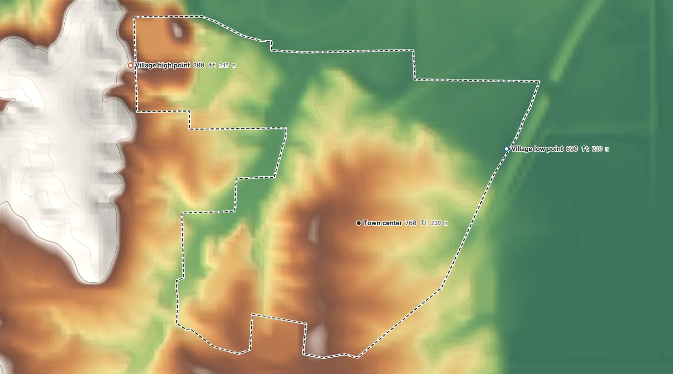 Topographic elevation map of Utica, Missouri, shaded from 690 ft on the northeast side to 800 ft on the northwest side