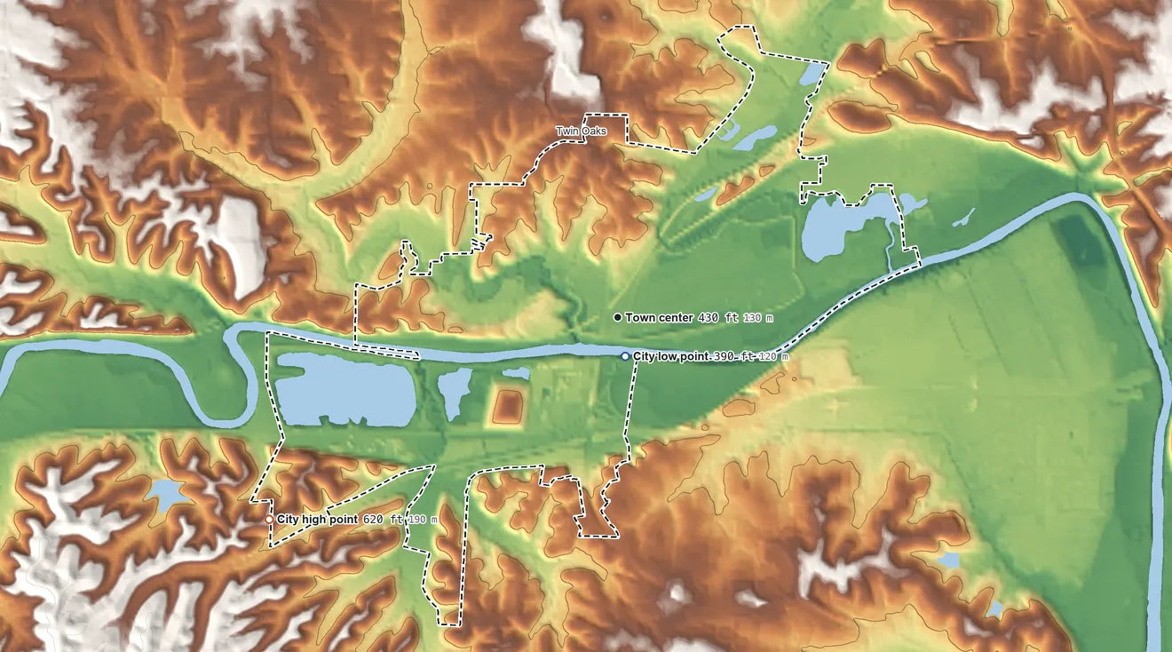 Topographic elevation map of Valley Park, Missouri, shaded from 390 ft near the middle to 620 ft on the southwest side