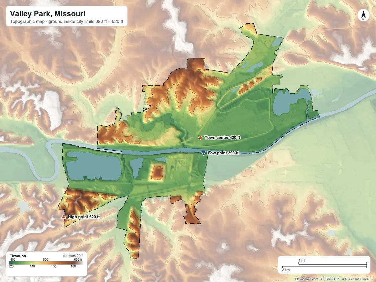 Topographic elevation map of Valley Park, Missouri, shaded from 390 ft near the middle to 620 ft on the southwest side