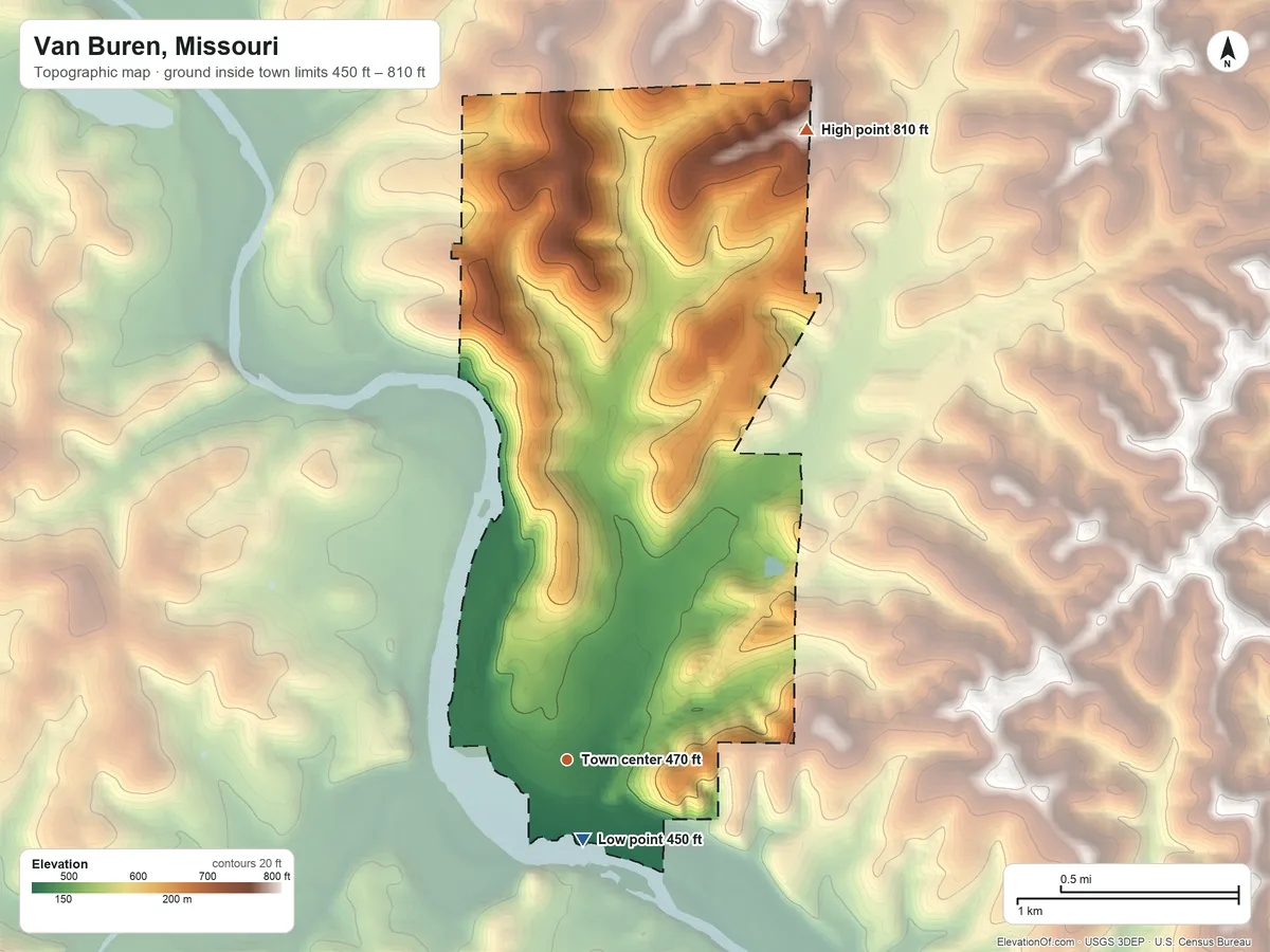 Topographic elevation map of Van Buren, Missouri, shaded from 450 ft near the middle to 810 ft on the north side