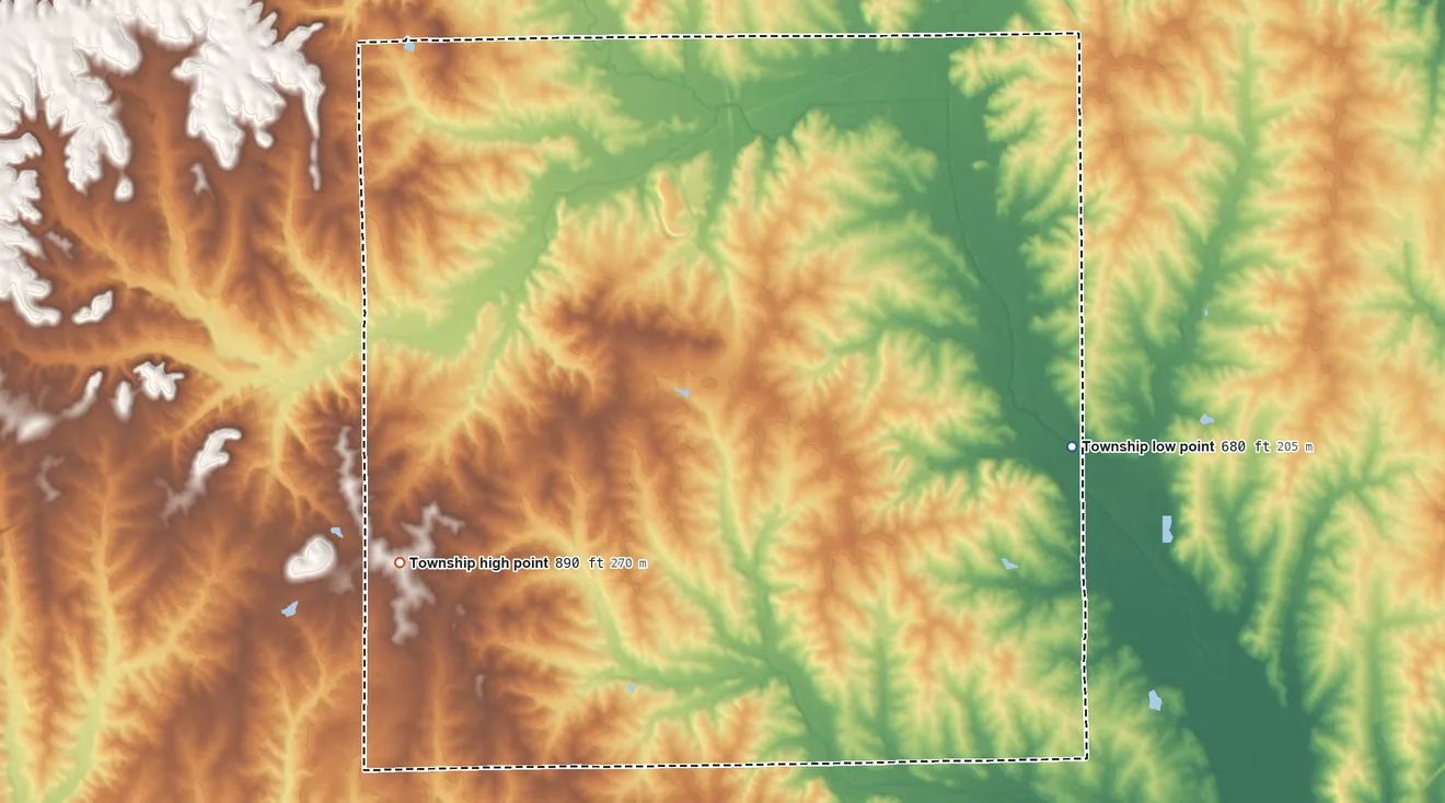Topographic elevation map of Van Horn Township, Missouri, shaded from 680 ft on the east side to 890 ft on the southwest side