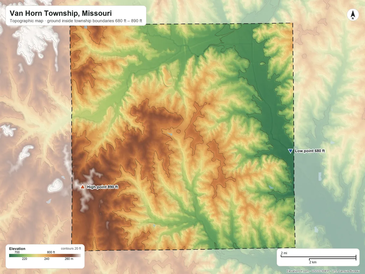 Topographic elevation map of Van Horn Township, Missouri, shaded from 680 ft on the east side to 890 ft on the southwest side