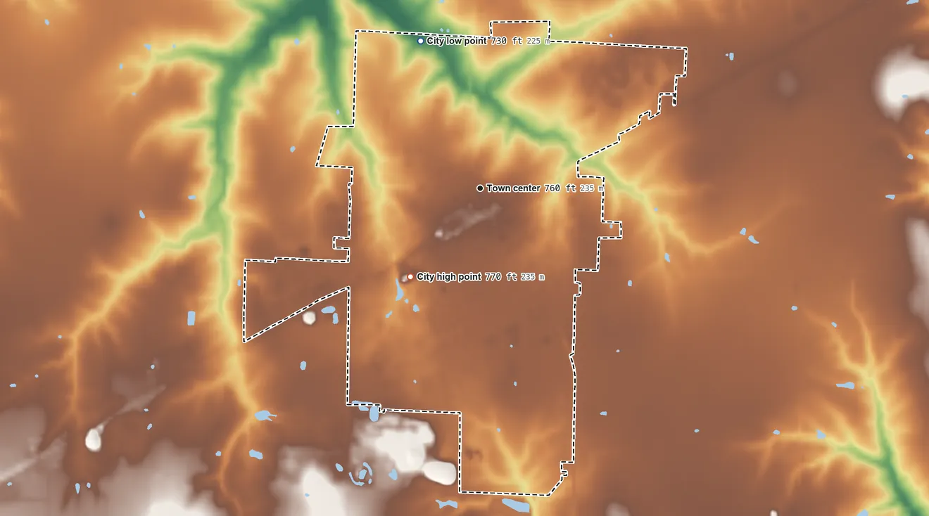 Topographic elevation map of Vandalia, Missouri, shaded from 730 ft on the north side to 770 ft on the southwest side