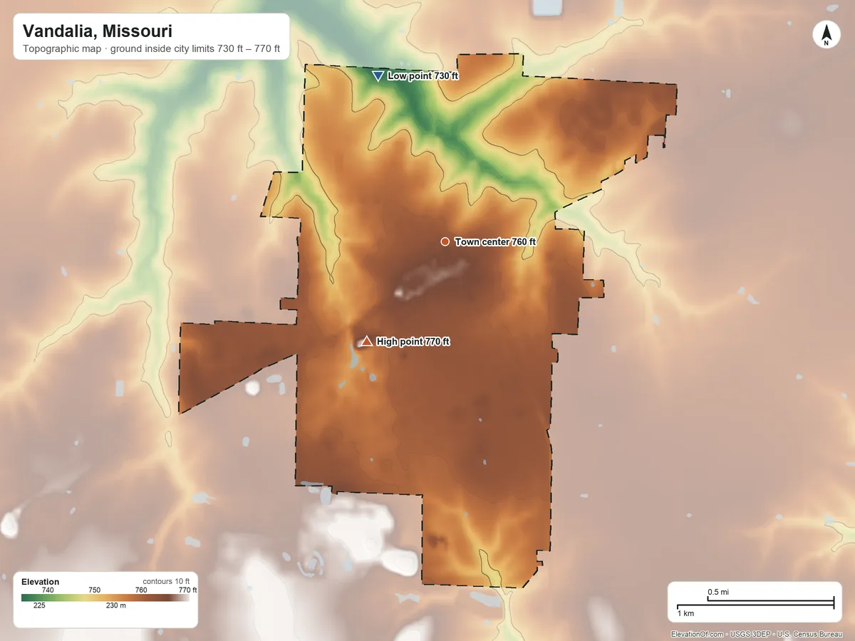 Topographic elevation map of Vandalia, Missouri, shaded from 730 ft on the north side to 770 ft on the southwest side