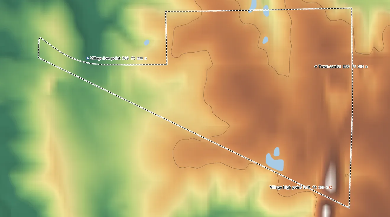 Topographic elevation map of Vandiver, Missouri, shaded from 760 ft on the west side to 840 ft on the south side