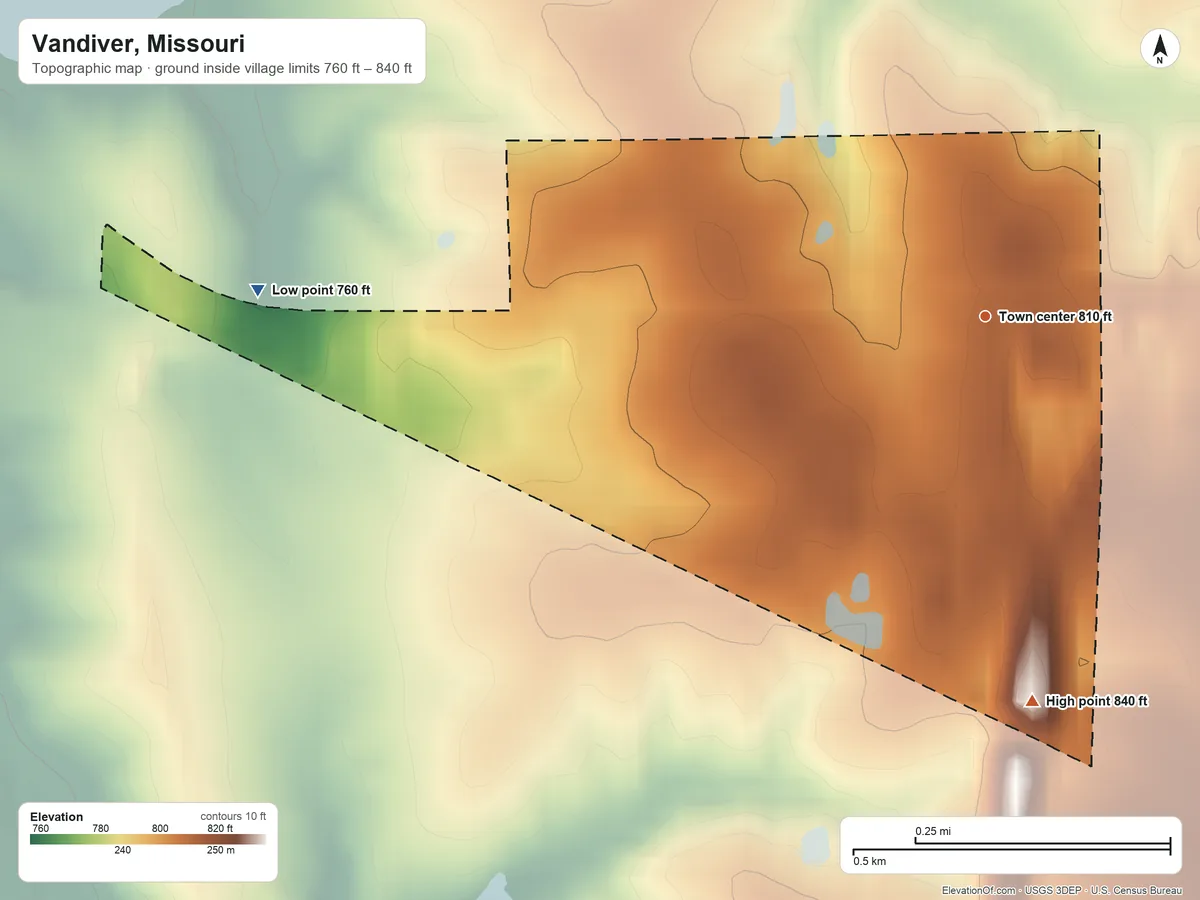 Topographic elevation map of Vandiver, Missouri, shaded from 760 ft on the west side to 840 ft on the south side