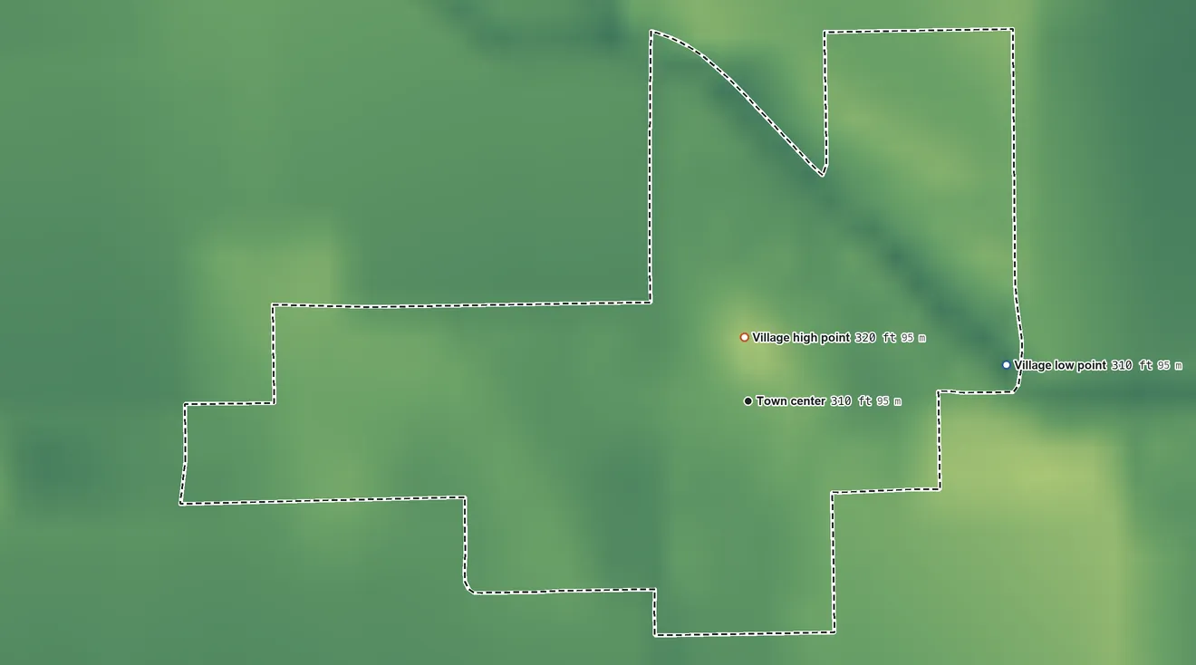 Topographic elevation map of Vanduser, Missouri, shaded from 310 ft on the east side to 320 ft near the middle