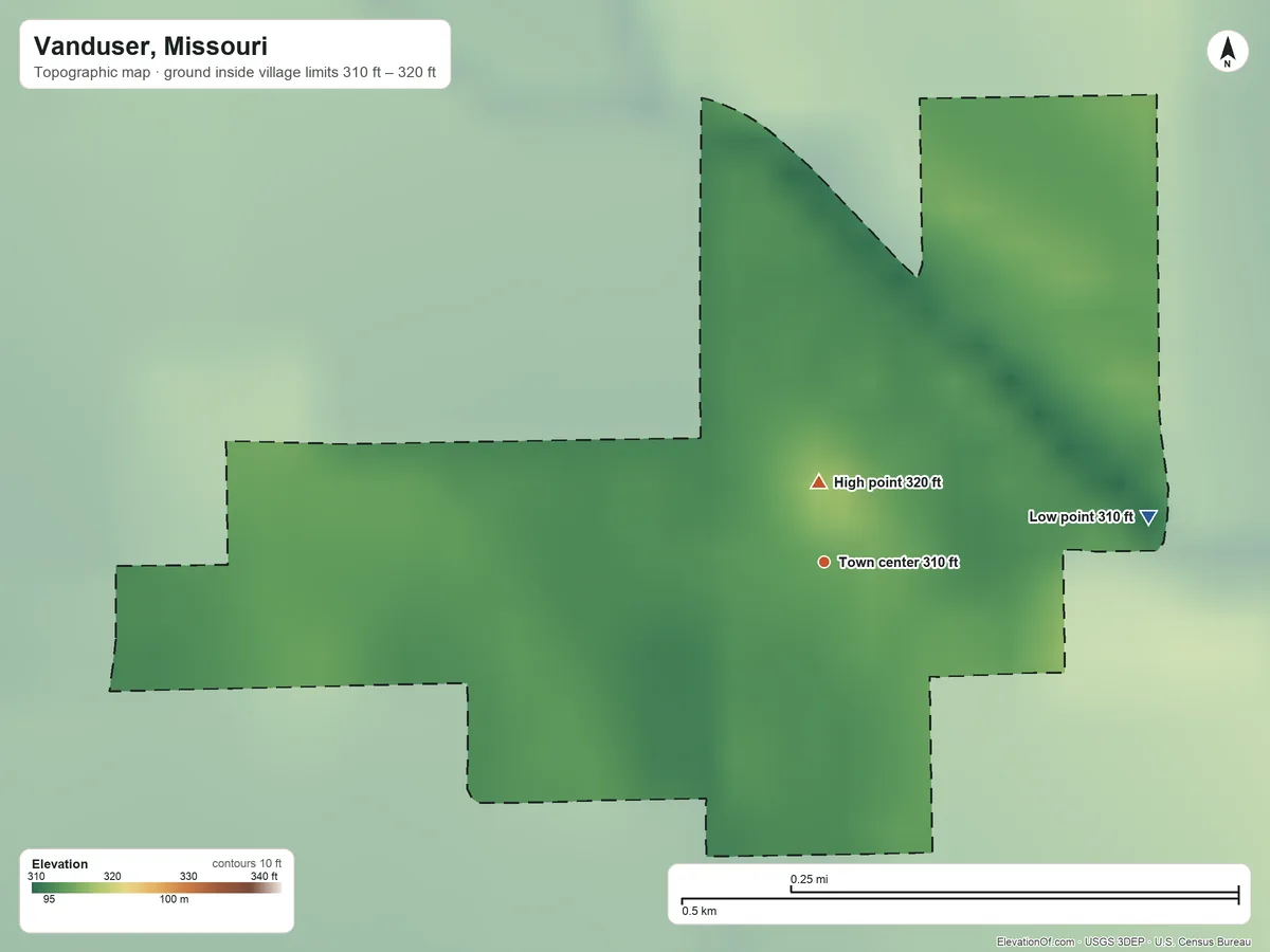 Topographic elevation map of Vanduser, Missouri, shaded from 310 ft on the east side to 320 ft near the middle