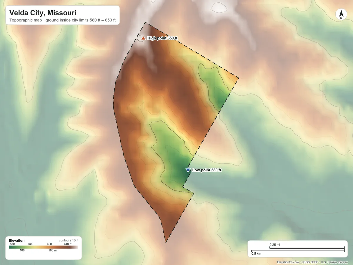 Topographic elevation map of Velda City, Missouri, shaded from 580 ft on the southeast side to 650 ft on the north side