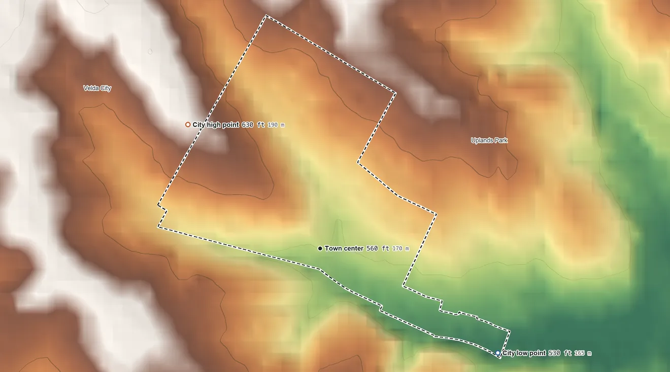 Topographic elevation map of Velda Village Hills, Missouri, shaded from 530 ft on the southeast side to 630 ft on the northwest side