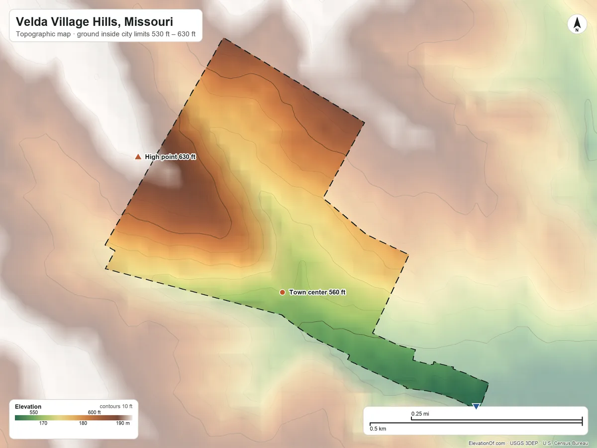 Topographic elevation map of Velda Village Hills, Missouri, shaded from 530 ft on the southeast side to 630 ft on the northwest side