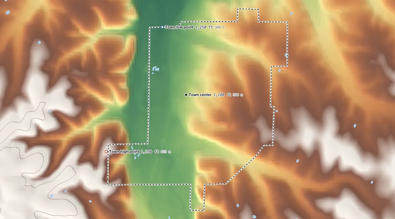 Topographic elevation map of Verona, Missouri, shaded from 1,250 ft on the north side to 1,390 ft on the southwest side