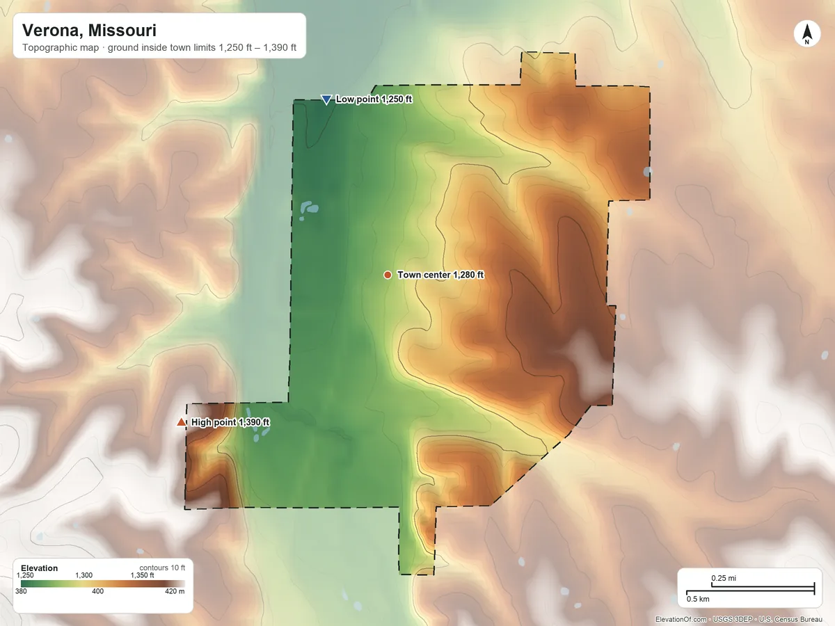 Topographic elevation map of Verona, Missouri, shaded from 1,250 ft on the north side to 1,390 ft on the southwest side