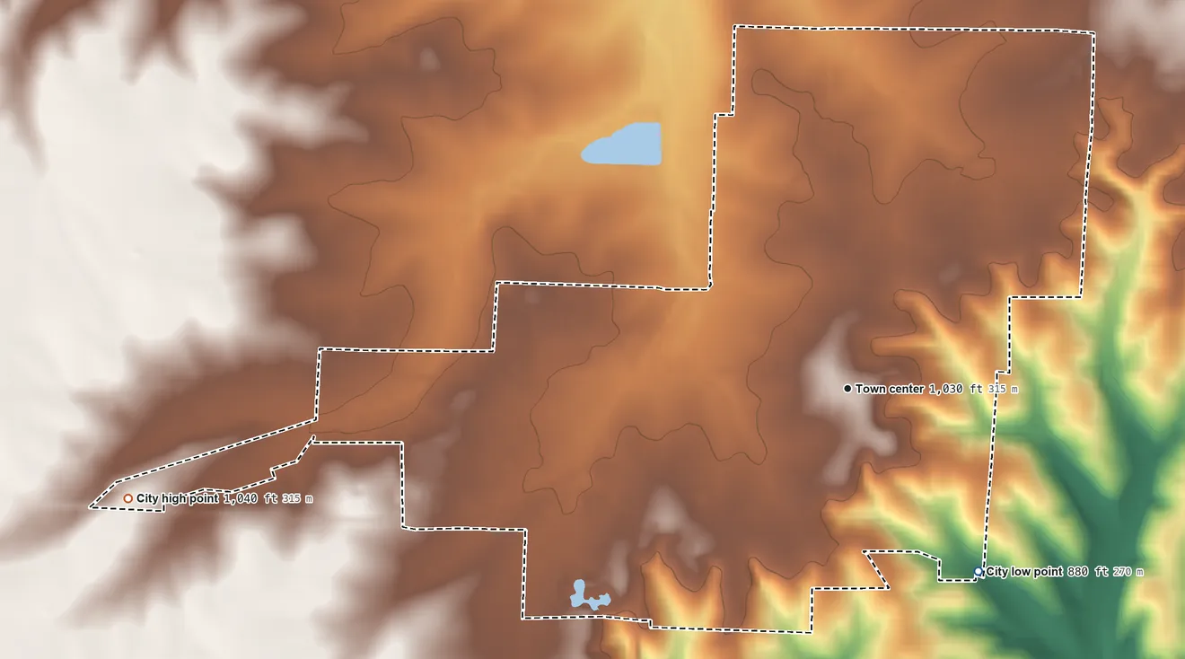 Topographic elevation map of Versailles, Missouri, shaded from 880 ft on the southeast side to 1,040 ft on the west side