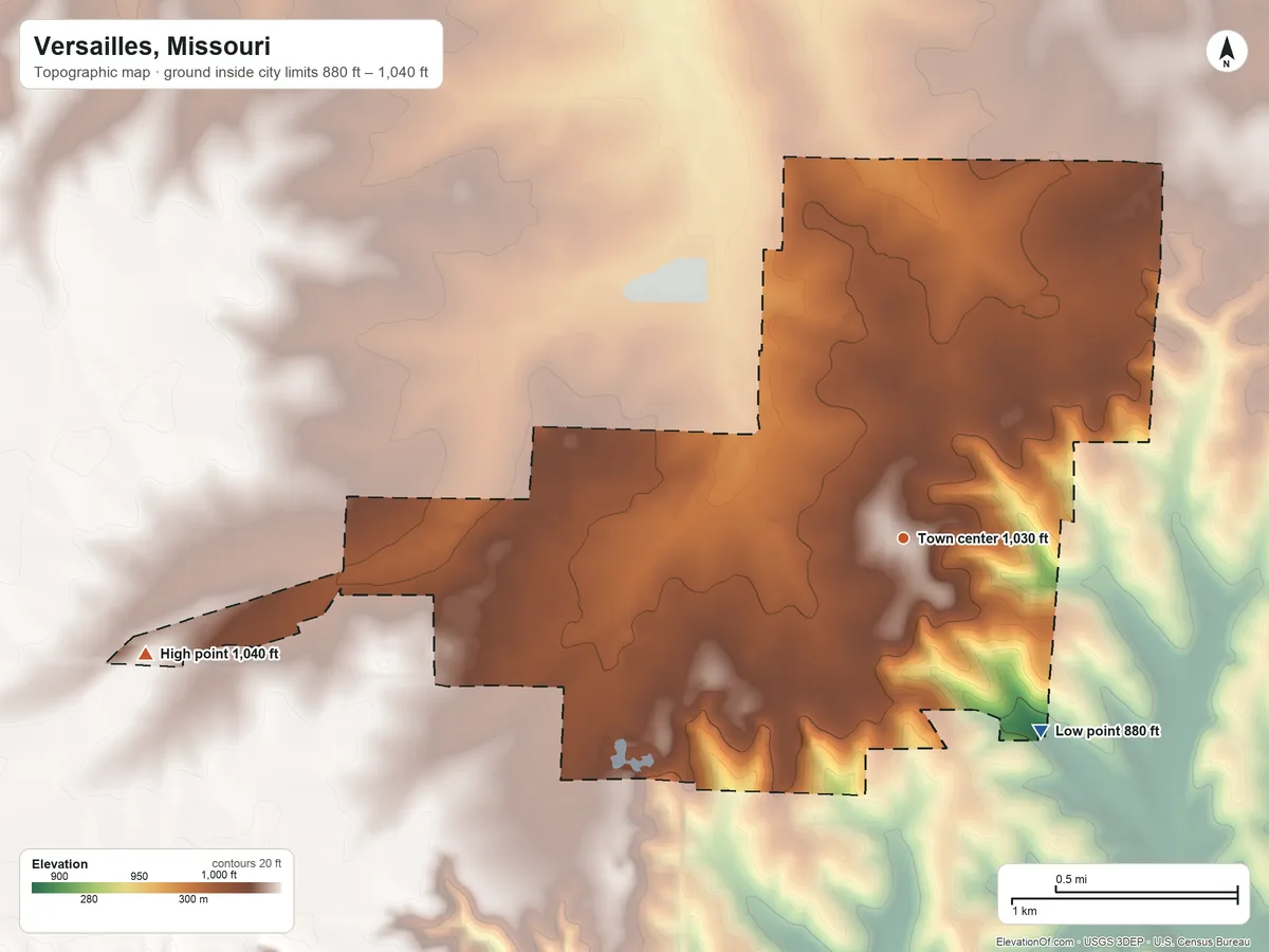 Topographic elevation map of Versailles, Missouri, shaded from 880 ft on the southeast side to 1,040 ft on the west side
