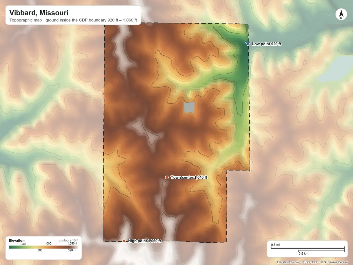 Topographic elevation map of Vibbard, Missouri, shaded from 920 ft on the northeast side to 1,060 ft on the southwest side