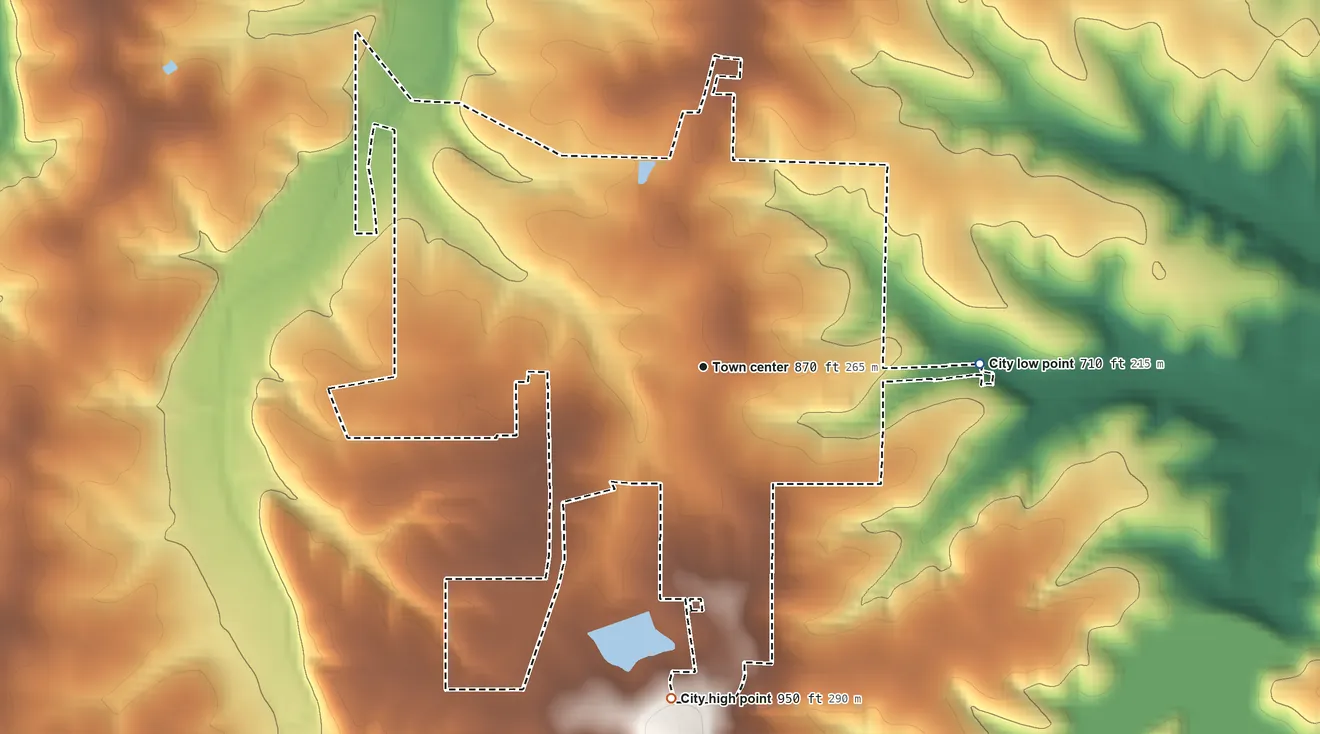 Topographic elevation map of Vienna, Missouri, shaded from 710 ft on the east side to 950 ft on the south side