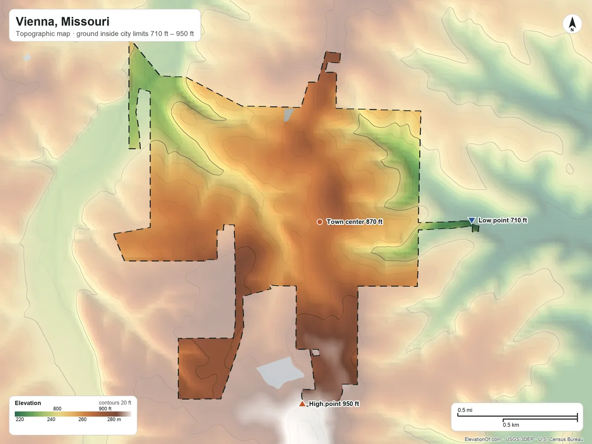 Topographic elevation map of Vienna, Missouri, shaded from 710 ft on the east side to 950 ft on the south side