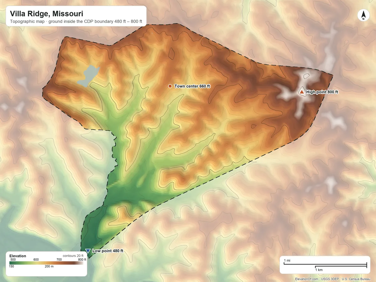 Topographic elevation map of Villa Ridge, Missouri, shaded from 480 ft on the southwest side to 800 ft on the east side