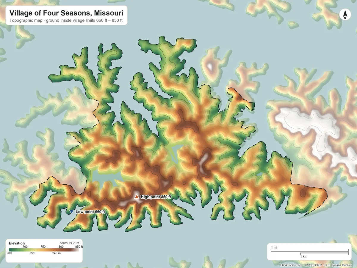 Topographic elevation map of Village of Four Seasons, Missouri, shaded from 660 ft on the southwest side to 850 ft on the southwest side