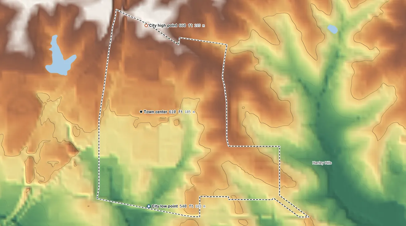 Topographic elevation map of Vinita Park, Missouri, shaded from 540 ft on the south side to 660 ft on the north side