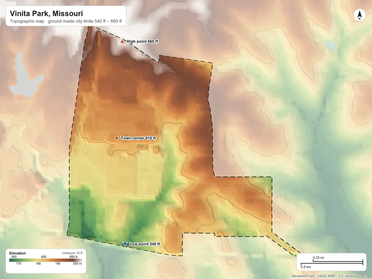 Topographic elevation map of Vinita Park, Missouri, shaded from 540 ft on the south side to 660 ft on the north side