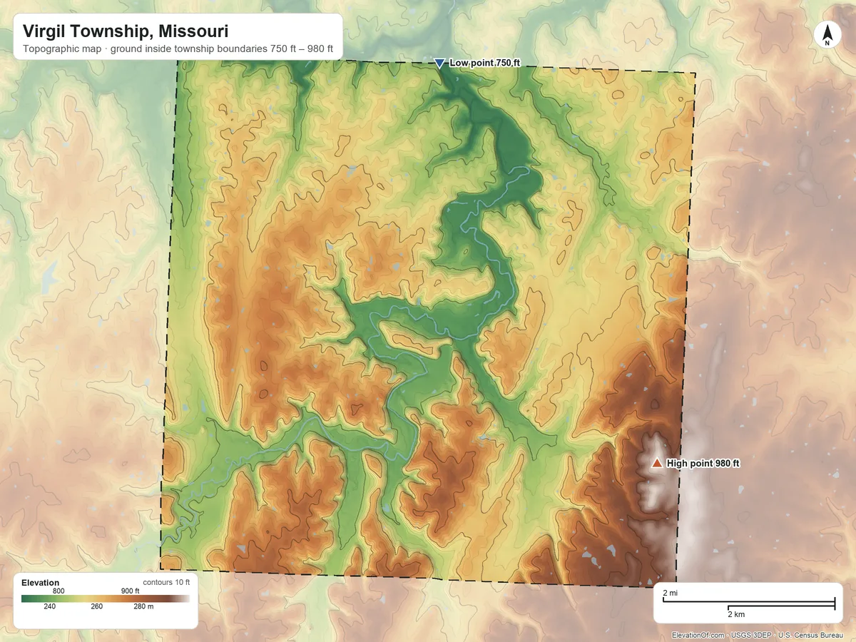 Topographic elevation map of Virgil Township, Missouri, shaded from 750 ft on the north side to 980 ft on the southeast side