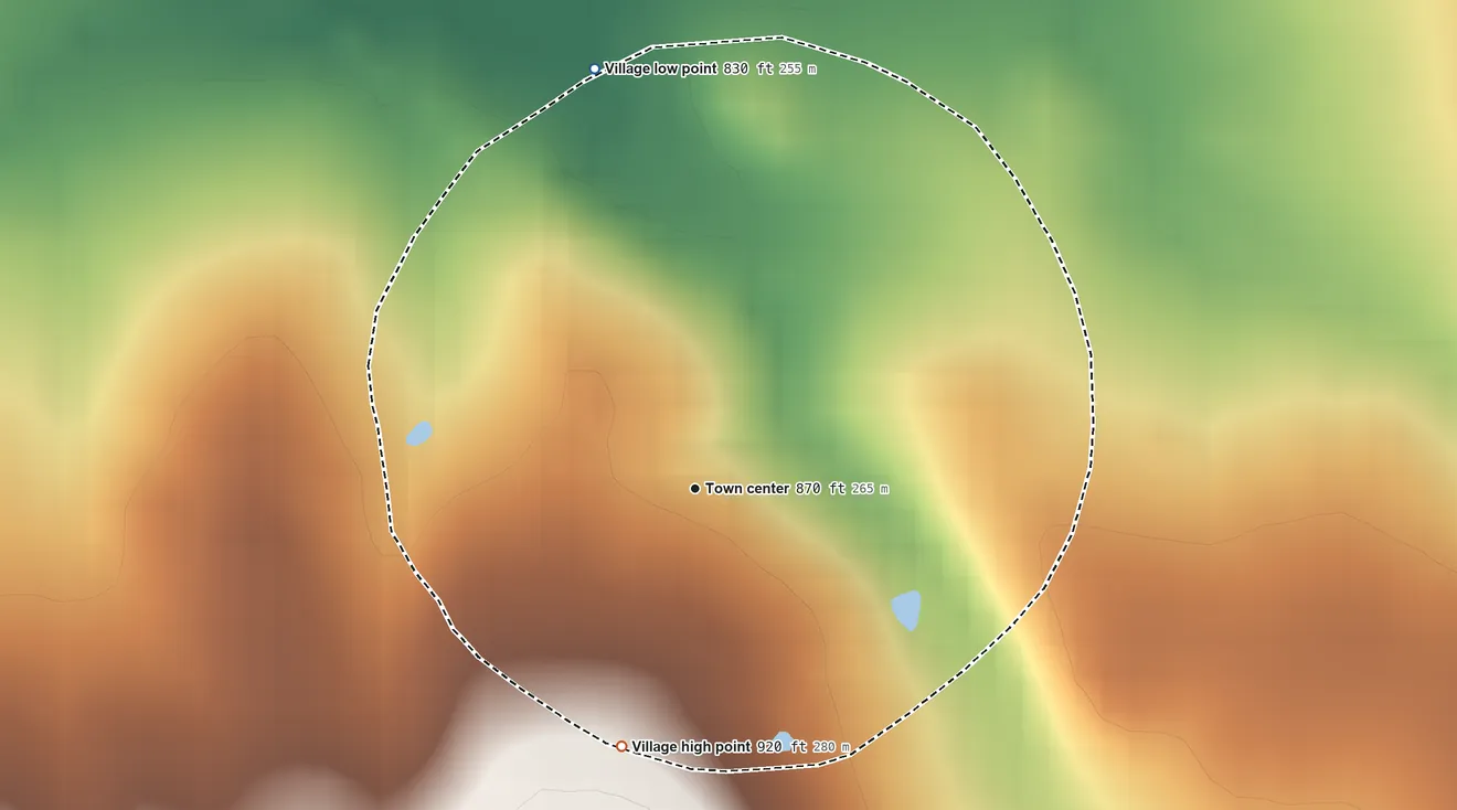 Topographic elevation map of Vista, Missouri, shaded from 830 ft on the north side to 920 ft on the south side