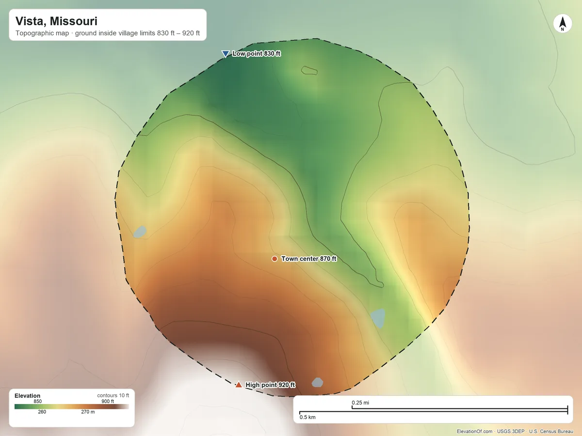 Topographic elevation map of Vista, Missouri, shaded from 830 ft on the north side to 920 ft on the south side