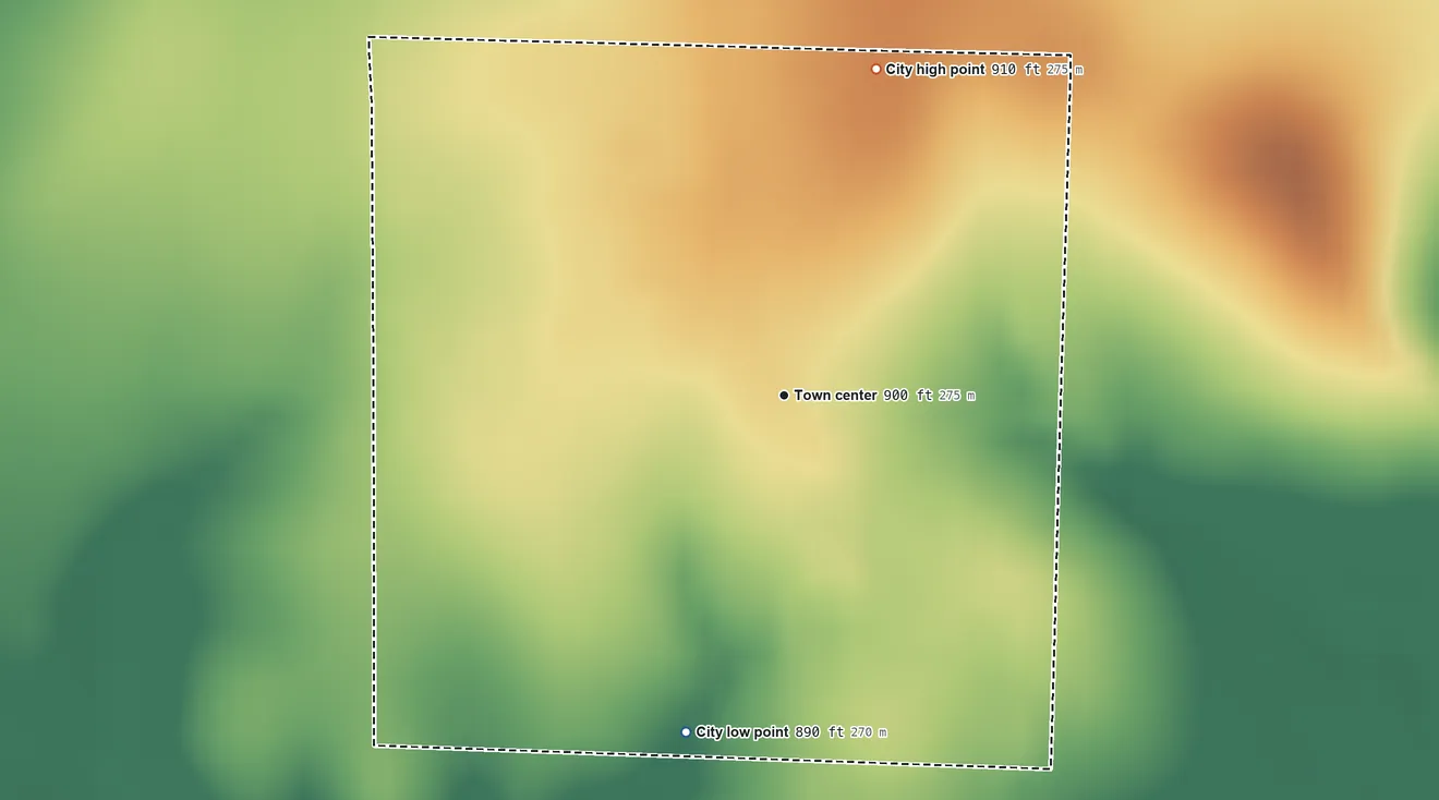 Topographic elevation map of Waco, Missouri, shaded from 890 ft on the south side to 910 ft on the north side