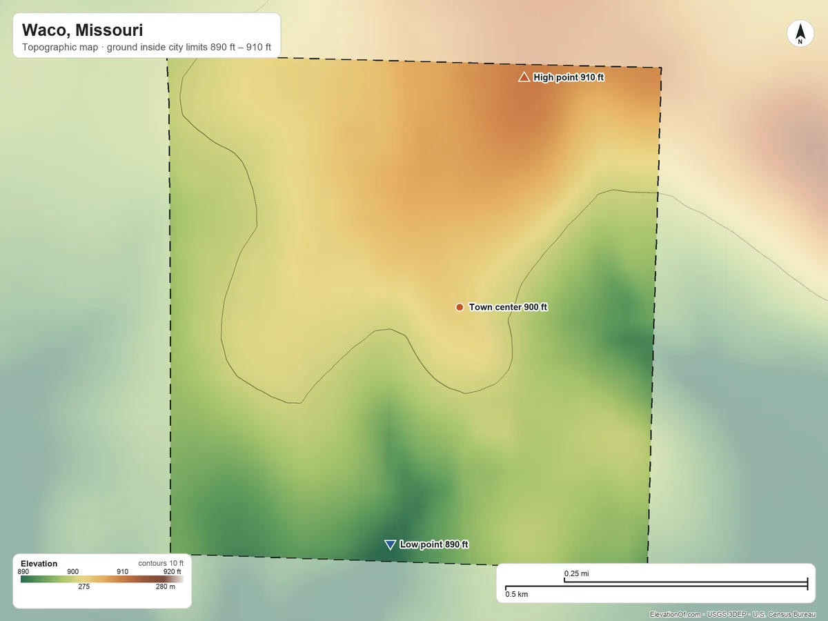 Topographic elevation map of Waco, Missouri, shaded from 890 ft on the south side to 910 ft on the north side