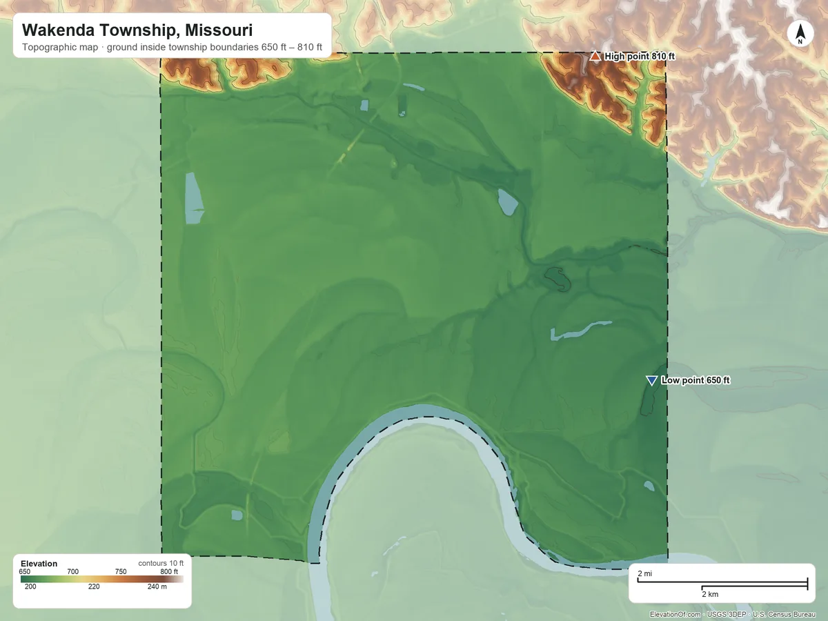 Topographic elevation map of Wakenda Township, Missouri, shaded from 650 ft on the southeast side to 810 ft on the east side