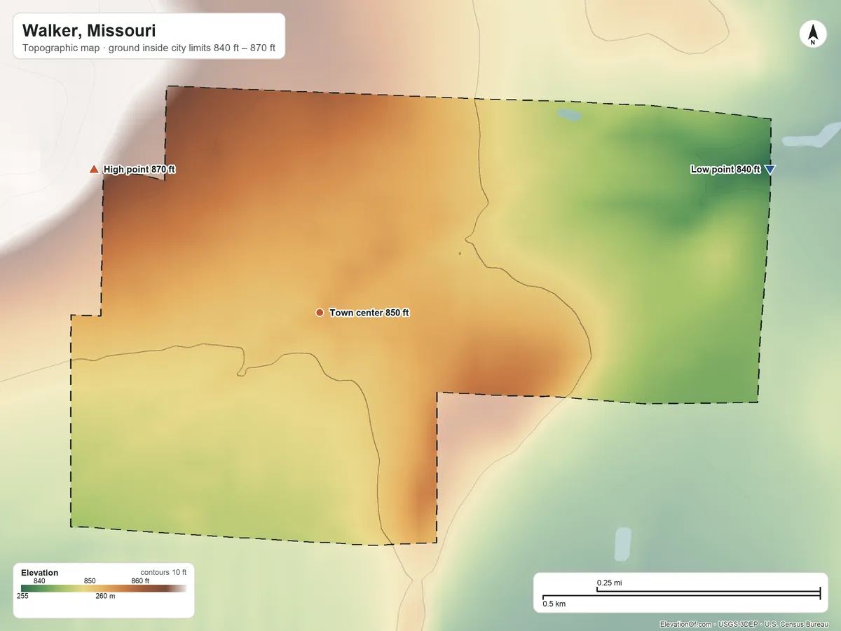 Topographic elevation map of Walker, Missouri, shaded from 840 ft on the east side to 870 ft on the northwest side