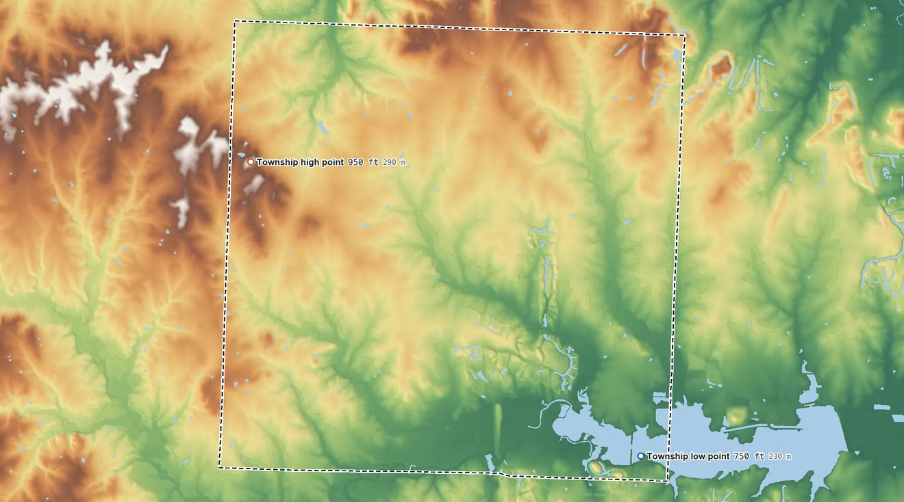 Topographic elevation map of Walker Township, Henry County, Missouri, shaded from 750 ft on the southeast side to 950 ft on the west side