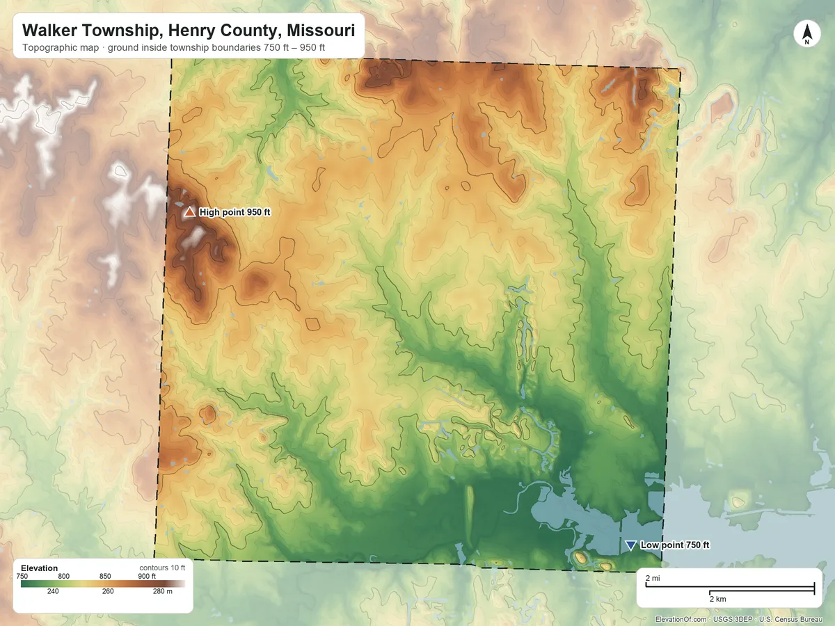 Topographic elevation map of Walker Township, Henry County, Missouri, shaded from 750 ft on the southeast side to 950 ft on the west side