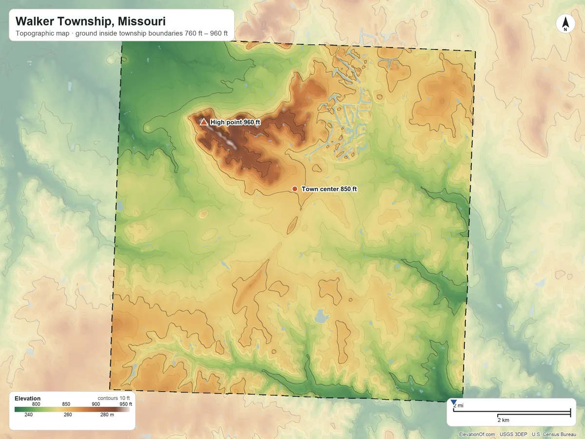 Topographic elevation map of Walker Township, Missouri, shaded from 760 ft on the southeast side to 960 ft on the northwest side