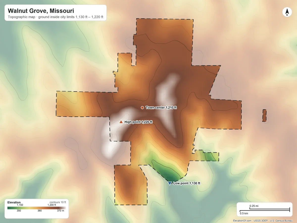 Topographic elevation map of Walnut Grove, Missouri, shaded from 1,130 ft on the south side to 1,220 ft near the middle