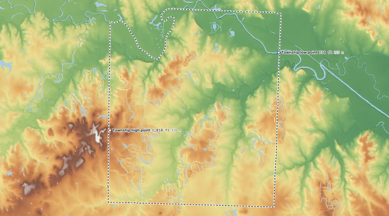 Topographic elevation map of Walnut Township, Missouri, shaded from 730 ft on the northeast side to 1,010 ft on the west side