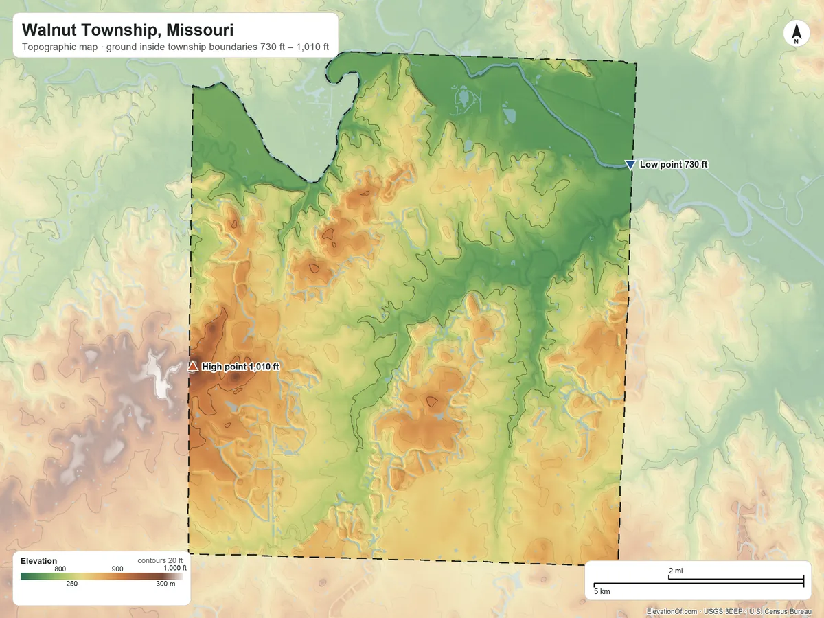 Topographic elevation map of Walnut Township, Missouri, shaded from 730 ft on the northeast side to 1,010 ft on the west side