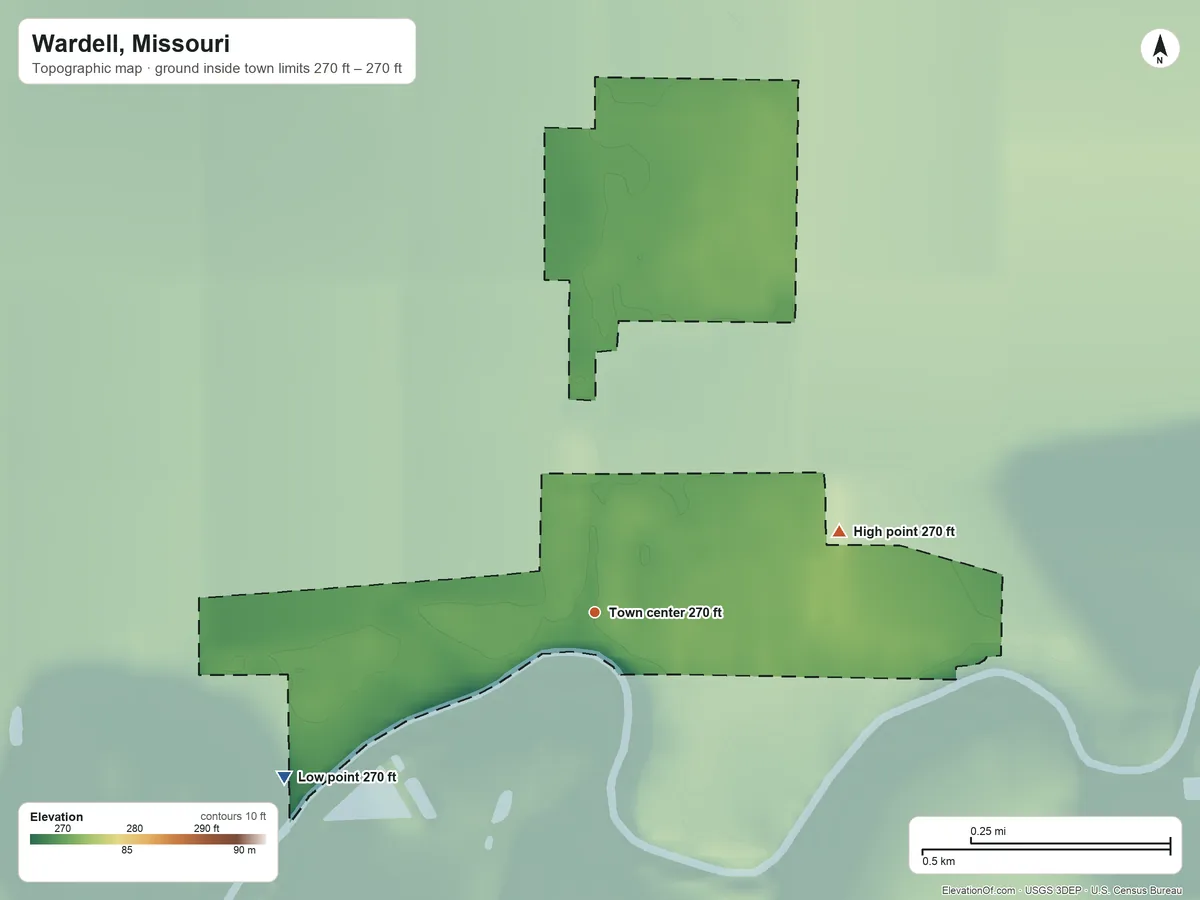 Topographic elevation map of Wardell, Missouri, shaded from 270 ft on the southwest side to 270 ft on the east side