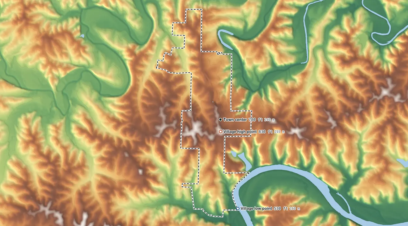 Topographic elevation map of Wardsville, Missouri, shaded from 530 ft on the south side to 830 ft near the middle