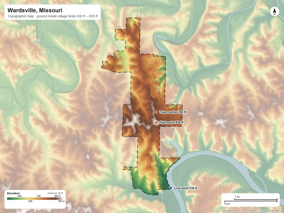 Topographic elevation map of Wardsville, Missouri, shaded from 530 ft on the south side to 830 ft near the middle