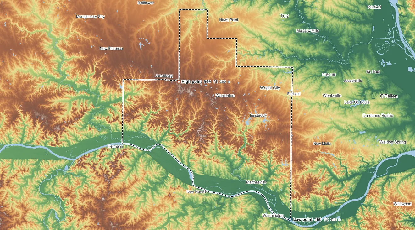 Topographic elevation map of Warren County, Missouri, shaded from 460 ft on the southeast side to 960 ft on the northwest side