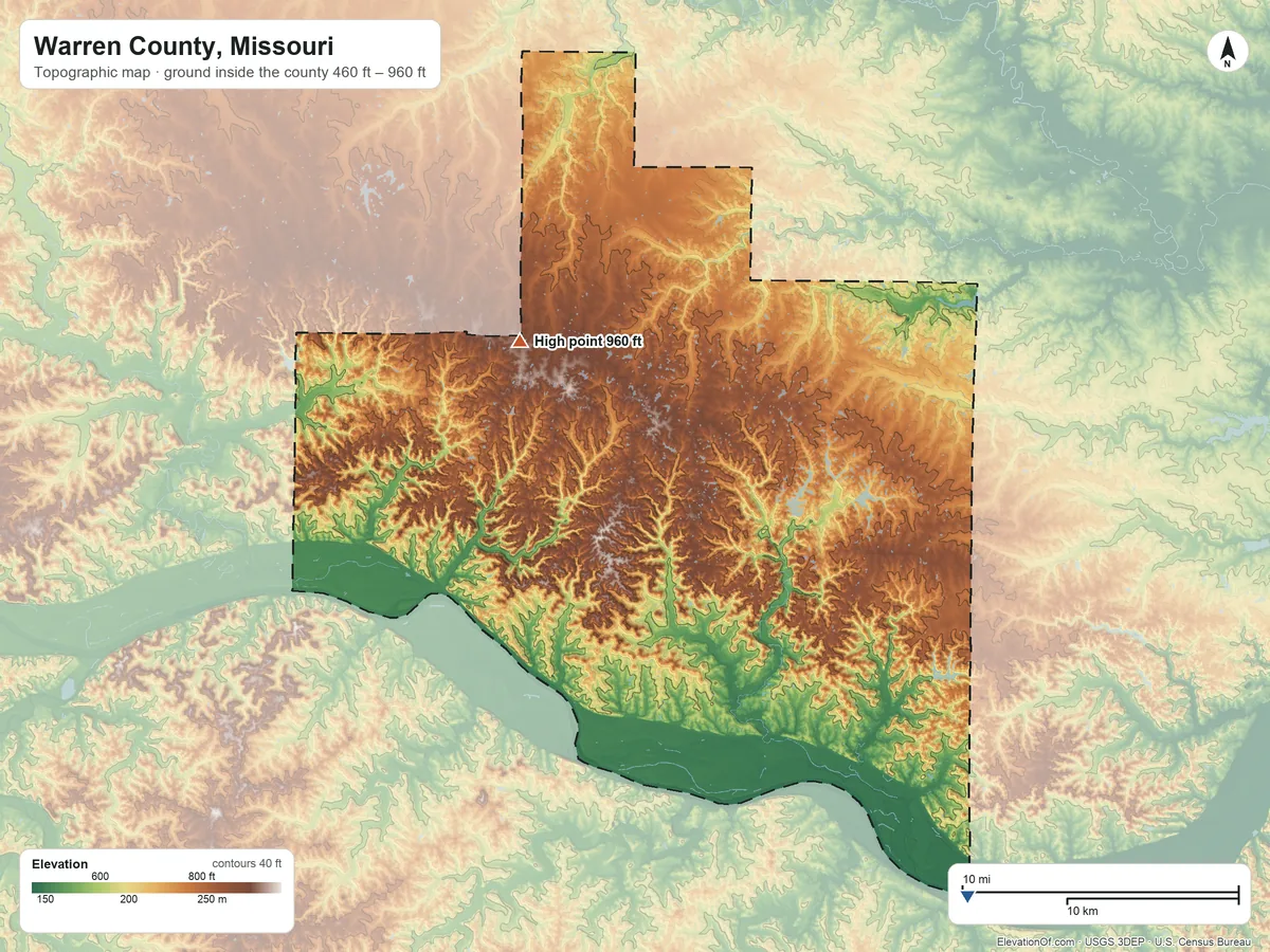 Topographic elevation map of Warren County, Missouri, shaded from 460 ft on the southeast side to 960 ft on the northwest side